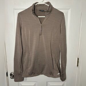 Eddie Bauer Women’s Large Quest Flex 1/4-zip Pullover Taupe Thumbholes Cozy